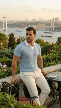 Erkek Desenli Kısa Kollu Triko Tişört - %100 Pamuk Akrilik - L - Bebe Mavisi