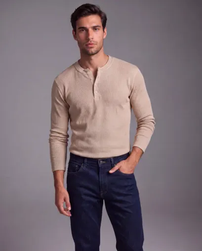 Erkek Düğme Detaylı Bisiklet Yaka Uzun Kollu Body - 2XL - Açık Krem