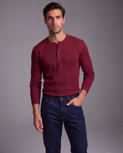 Erkek Düğme Detaylı Bisiklet Yaka Uzun Kollu Body - S - Bordo