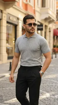 Erkek Düğme Yakalı Kısa Kollu Pamuk Triko Tişört - 2XL - Gri
