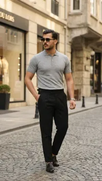 Erkek Düğme Yakalı Kısa Kollu Pamuk Triko Tişört - 2XL - Gri
