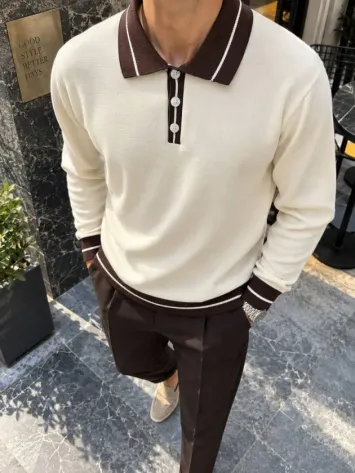 Erkek Düğmeli Gömlek Yaka Triko - S - Ekru