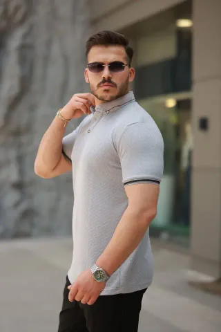 Erkek Düğmeli Yaka Waffle Kumaş Kısa Kollu Tişört - 2XL - Gri