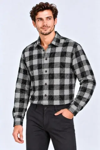 Erkek Ekose Kareli Batik Yıkamalı Şardonlu Uzun Kollu Regular Fit Oduncu Gömlek - Siyah - XL - Siyah