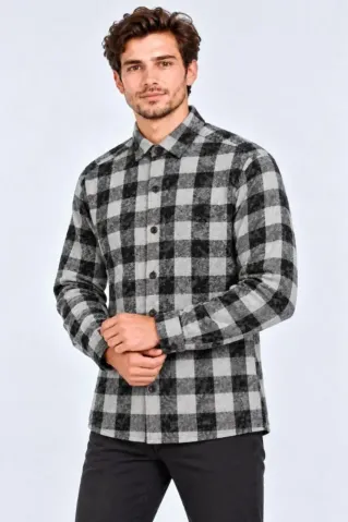 Erkek Ekose Kareli Batik Yıkamalı Şardonlu Uzun Kollu Regular Fit Oduncu Gömlek - Siyah - XL - Siyah