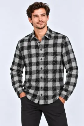 Erkek Ekose Kareli Batik Yıkamalı Şardonlu Uzun Kollu Regular Fit Oduncu Gömlek - Siyah - 2XL - Siyah
