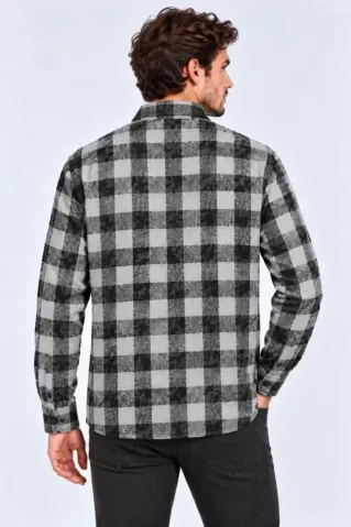 Erkek Ekose Kareli Batik Yıkamalı Şardonlu Uzun Kollu Regular Fit Oduncu Gömlek - Siyah - 2XL - Siyah