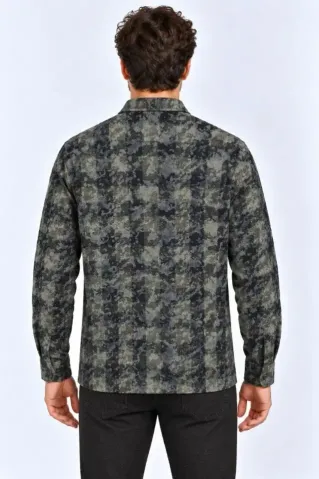 Erkek Ekose Kareli Batik Yıkamalı Şardonlu Uzun Kollu Regular Fit Oduncu Gömlek - Haki - 2XL - Haki