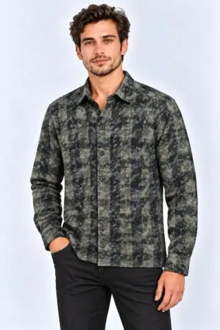 Erkek Ekose Kareli Batik Yıkamalı Şardonlu Uzun Kollu Regular Fit Oduncu Gömlek - Haki - 2XL - Haki