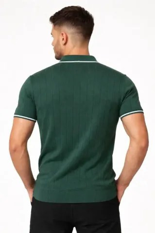 Erkek Fermuarlı Yaka Fitilli Triko Kısa Kollu Regular Fit Tişört T-shirt - Yeşil - S - Yeşil