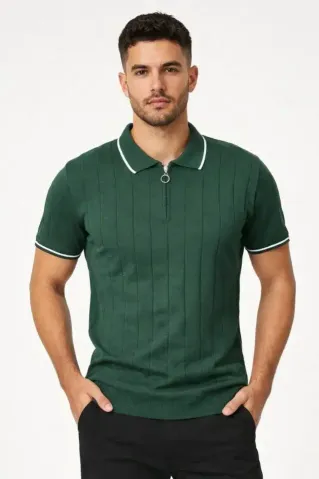 Erkek Fermuarlı Yaka Fitilli Triko Kısa Kollu Regular Fit Tişört T-shirt - Yeşil - S - Yeşil