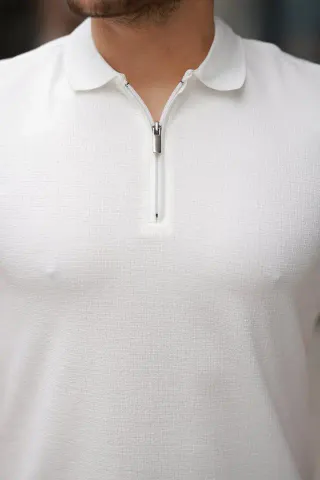 Erkek Fermuarlı Yaka Kısa Kollu Tişört - 2XL - Beyaz