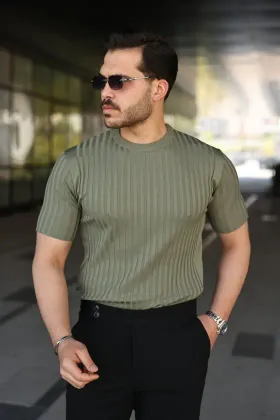 Erkek Fitilli Bisiklet Yaka Kısa Kollu Tişört - 2XL - Haki