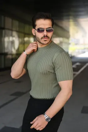 Erkek Fitilli Bisiklet Yaka Kısa Kollu Tişört - 2XL - Haki