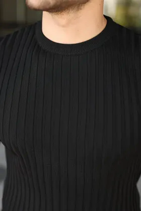 Erkek Fitilli Bisiklet Yaka Kısa Kollu Tişört - 2XL - Siyah
