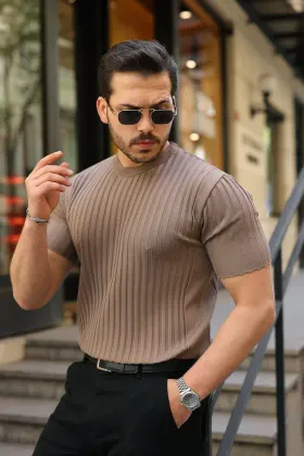 Erkek Fitilli Bisiklet Yaka Kısa Kollu Tişört - 2XL - Sütlü Kahve