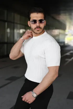 Erkek Fitilli Bisiklet Yaka Kısa Kollu Tişört - XL - Beyaz