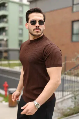 Erkek Fitilli Bisiklet Yaka Triko Tişört - 2XL - Acı Kahve