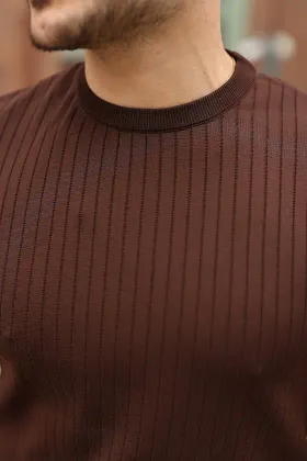 Erkek Fitilli Bisiklet Yaka Triko Tişört - L - Acı Kahve