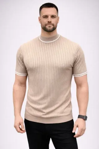 Erkek Fitilli Triko Dokuma Kısa Kol Tişört Yarım Boğaz Modern Yazlık T-Shirt - Bej - XL - Bej