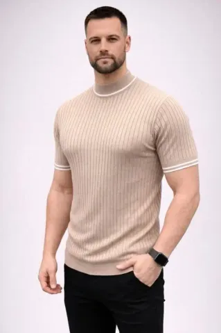 Erkek Fitilli Triko Dokuma Kısa Kol Tişört Yarım Boğaz Modern Yazlık T-Shirt - Bej - XL - Bej