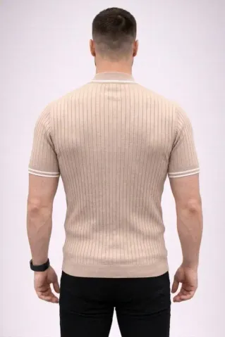 Erkek Fitilli Triko Dokuma Kısa Kol Tişört Yarım Boğaz Modern Yazlık T-Shirt - Bej - XL - Bej