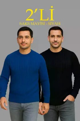 Erkek Fitilli Triko Kazak 2’li Set Siyah Saks Mavisi Kalın Dokuma Pamuklu Regular Fit - S - Siyah - Saks Mavisi