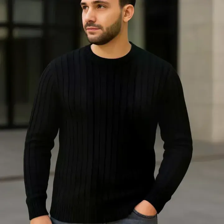 Erkek Fitilli Triko Kazak 2’li Set Siyah Saks Mavisi Kalın Dokuma Pamuklu Regular Fit - S - Siyah - Saks Mavisi