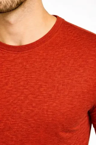 Erkek Flam Kumaş Melanj Dokulu Regular Fit Tişört Bisiklet Yaka Yazlık T-Shirt - Kiremit - 2XL - Kiremit