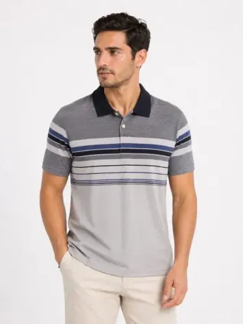 Erkek Flamlı Penye Çizgili Polo Yaka Tişört Kısa Kol Yazlık T-Shirt - Gri - XL - Gri