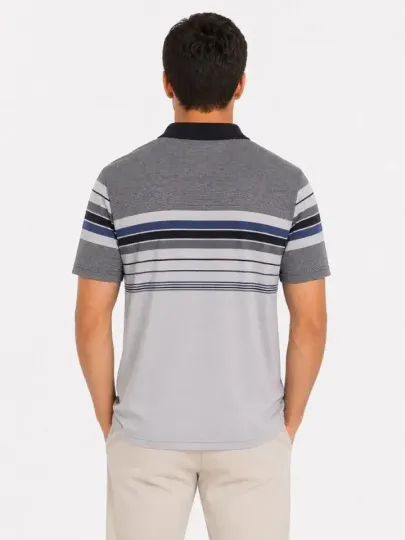 Erkek Flamlı Penye Çizgili Polo Yaka Tişört Kısa Kol Yazlık T-Shirt - Gri - L - Gri