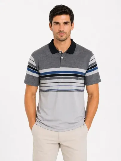 Erkek Flamlı Penye Çizgili Polo Yaka Tişört Kısa Kol Yazlık T-Shirt - Gri - S - Gri