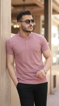 Erkek Hakim Yaka Dokuma Pamuklu Kumaş Kısa Kollu Tişört - XL - Gül Kurusu