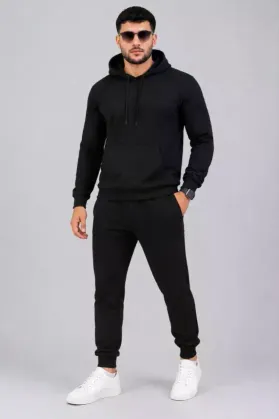 Erkek İki İplik Kapüşonlu Kanguru Cepli Sweatshirt Jogger Pantolon Alt Üst Eşofman Takımı -Siyah - XL - Siyah