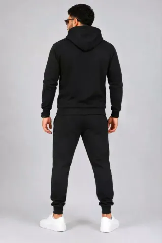 Erkek İki İplik Kapüşonlu Kanguru Cepli Sweatshirt Jogger Pantolon Alt Üst Eşofman Takımı -Siyah - XL - Siyah
