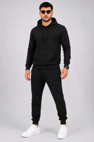 Erkek İki İplik Kapüşonlu Kanguru Cepli Sweatshirt Jogger Pantolon Alt Üst Eşofman Takımı -Siyah - XL - Siyah