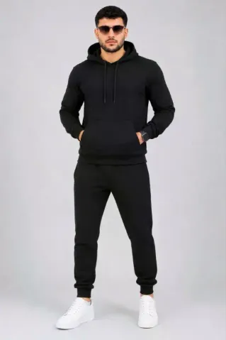 Erkek İki İplik Kapüşonlu Kanguru Cepli Sweatshirt Jogger Pantolon Alt Üst Eşofman Takımı -Siyah - XL - Siyah