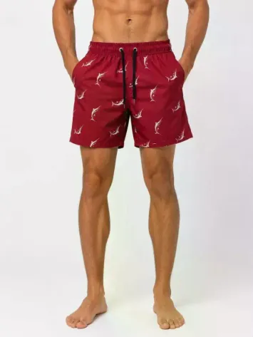 Erkek Kılıç Balığı Desenli Deniz Şortu Fermuarlı Cepli File Astarlı - Bordo - 2XL - Bordo