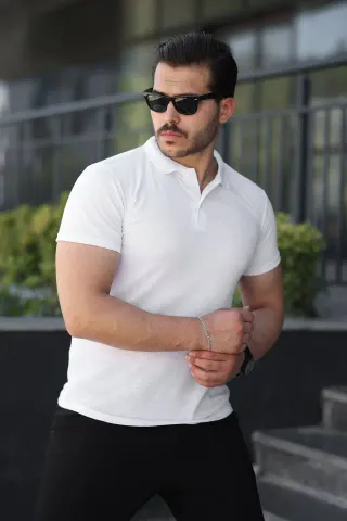 Erkek Kısa Kollu Yakalı Tişört - M - Beyaz