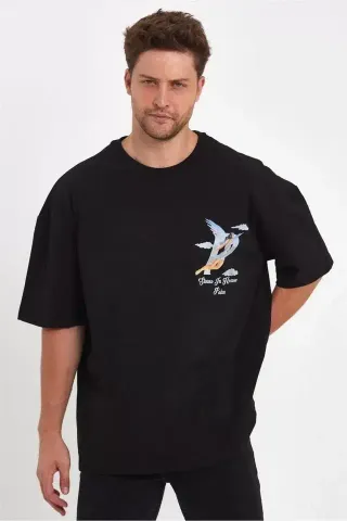 Erkek Melek Baskılı Oversize T-shirt - Siyah - L - Siyah