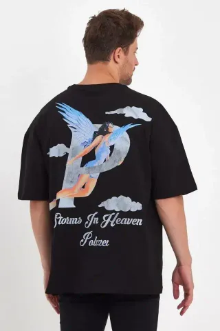 Erkek Melek Baskılı Oversize T-shirt - Siyah - L - Siyah