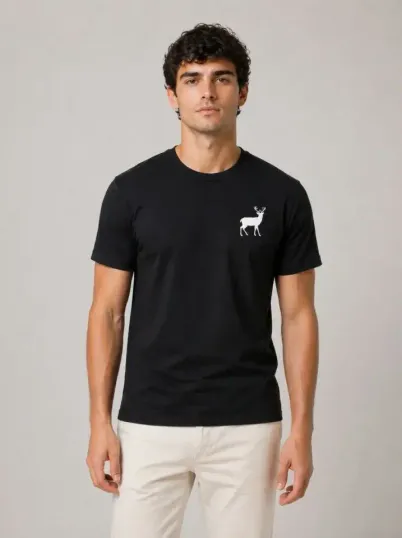 Erkek Minimal Geyik Logolu Tişört Bisiklet Yaka Kısa Kol Yazlık T-Shirt - Siyah - XS - Siyah
