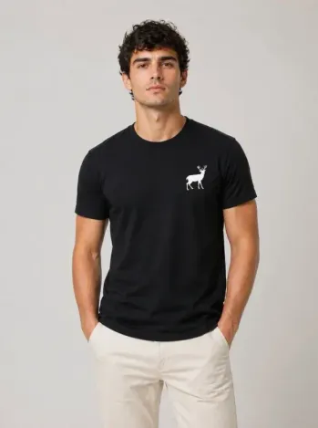Erkek Minimal Geyik Logolu Tişört Bisiklet Yaka Kısa Kol Yazlık T-Shirt - Siyah - M - Siyah