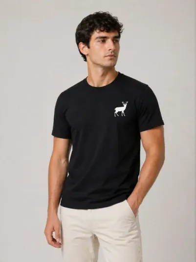 Erkek Minimal Geyik Logolu Tişört Bisiklet Yaka Kısa Kol Yazlık T-Shirt - Siyah - XL - Siyah