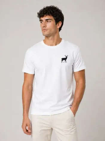 Erkek Minimal Geyik Logolu Tişört Bisiklet Yaka Kısa Kol Yazlık T-Shirt - Beyaz - XS - Beyaz