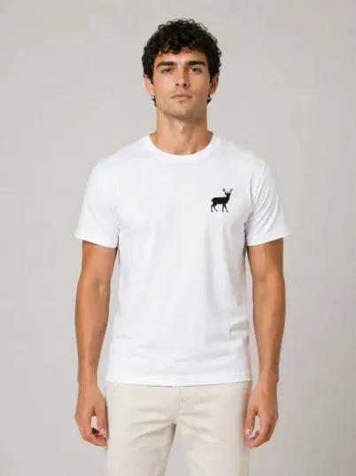 Erkek Minimal Geyik Logolu Tişört Bisiklet Yaka Kısa Kol Yazlık T-Shirt - Beyaz - XS - Beyaz