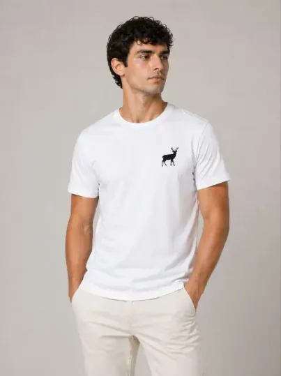 Erkek Minimal Geyik Logolu Tişört Bisiklet Yaka Kısa Kol Yazlık T-Shirt - Beyaz - XS - Beyaz