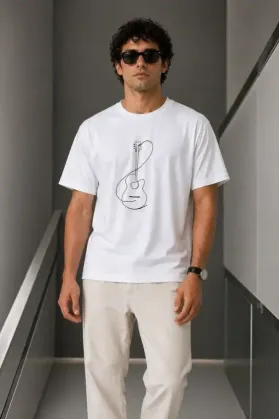 Erkek Minimal Gitar Baskılı Tişört T-Shirt Yazlık Kısa Kol Bisiklet Yaka T-Shirt - Beyaz - M - Beyaz