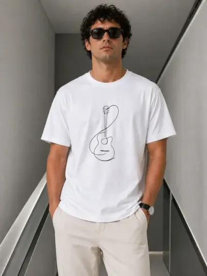 Erkek Minimal Gitar Baskılı Tişört T-Shirt Yazlık Kısa Kol Bisiklet Yaka T-Shirt - Beyaz - L - Beyaz