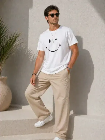 Erkek Minimal Gülümseyen Yüz Baskılı Tişört Kısa Kol Yazlık T-Shirt - Beyaz - L - Beyaz